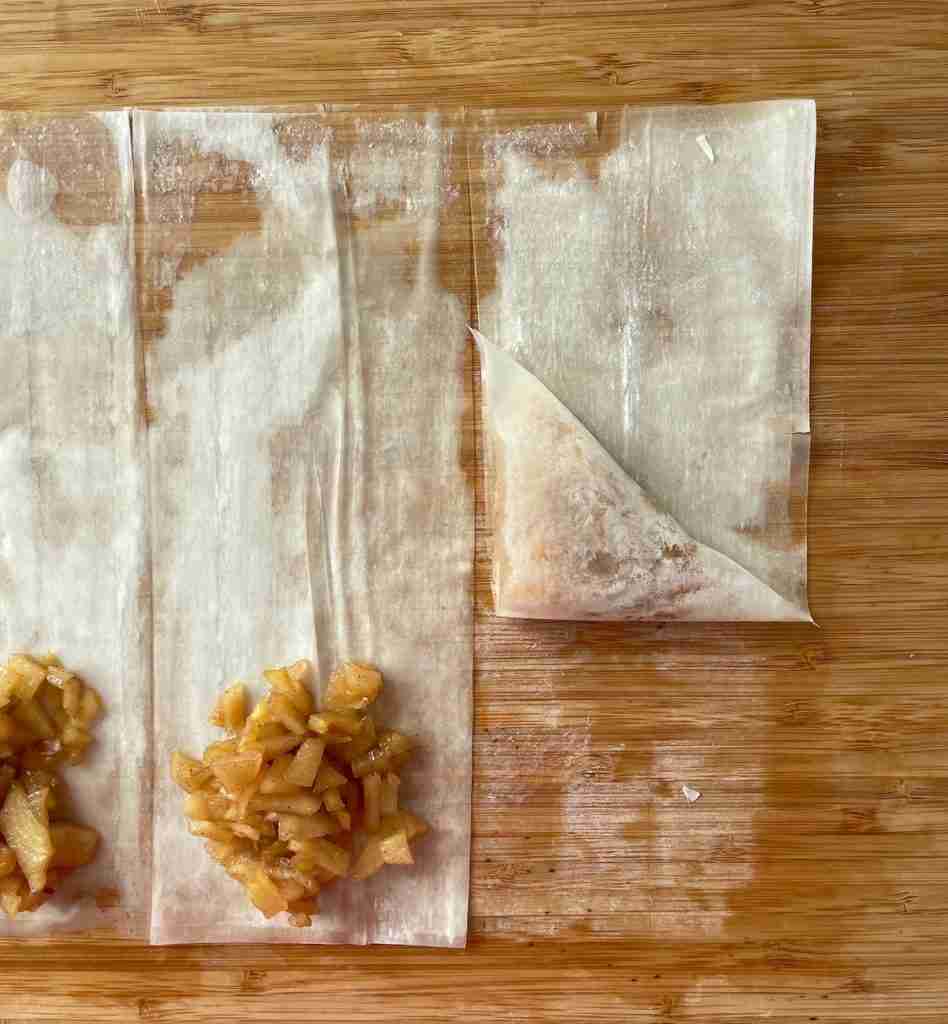 Step three to fold phyllo dough apple turnovers.