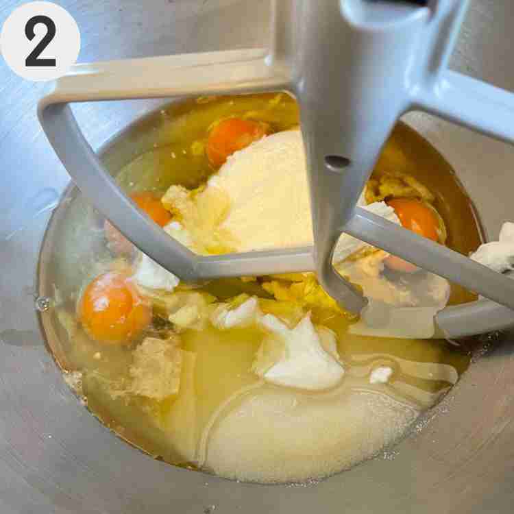 Wet ingredients for keto lemon poppy seed bundt cake.