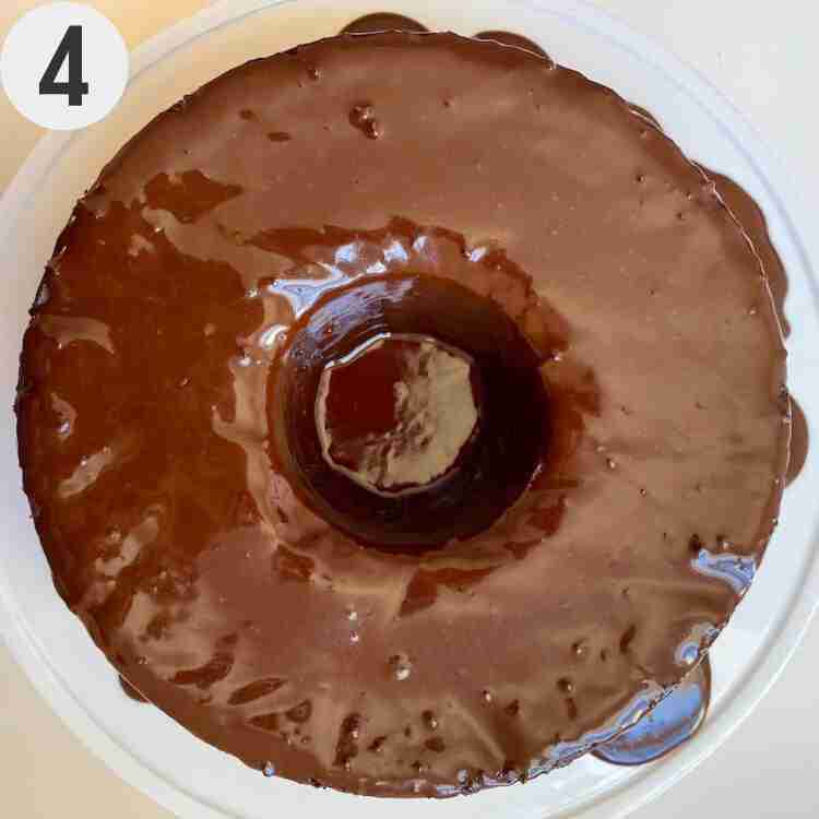 The glazed gluten-free Kahlua Chocolate Cake on a cake platter.