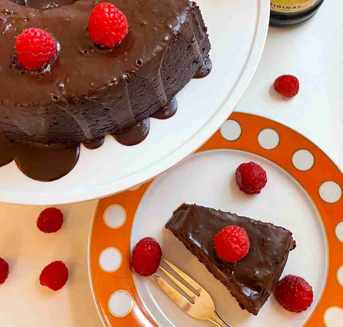 Chocolate Kahlua Cake with raspberries.