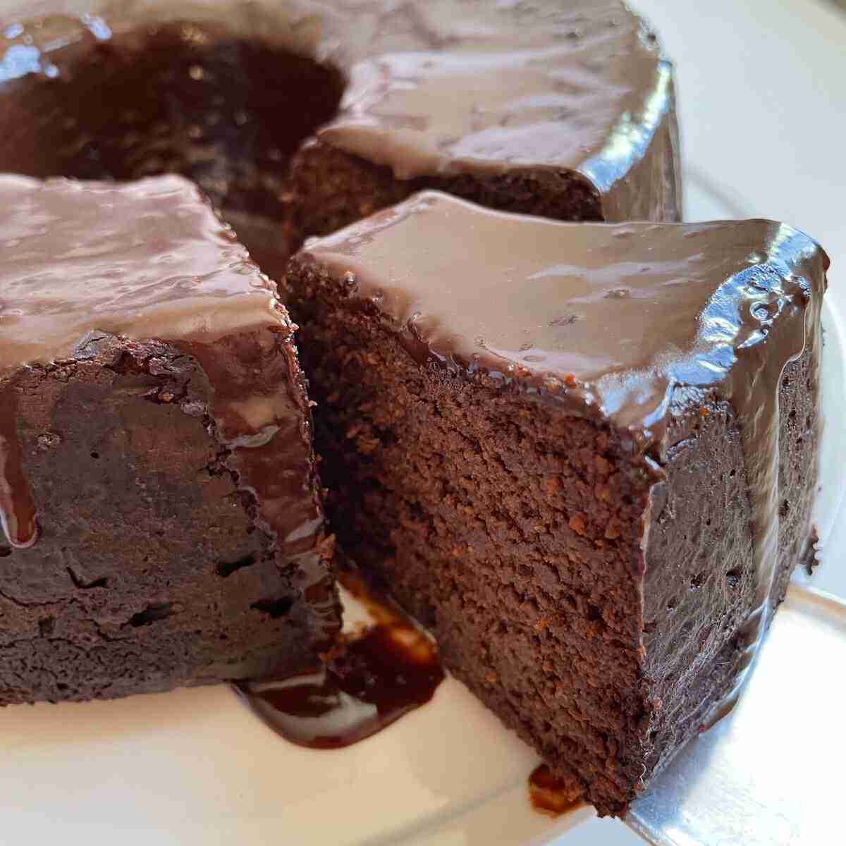 Gluten-Free, grain-free Kahlua Chocolate Cake with a chocolate Kahlua glaze, sweetened with monk fruit..