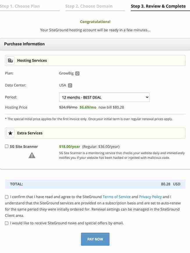 SiteGround: Complete transaction to sign up for blog hosting