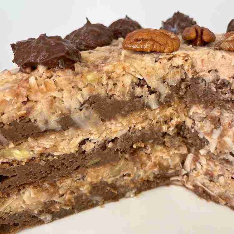 Healthy copycat of Baker's Sweet German Chocolate Cake with monk fruit and avocado.