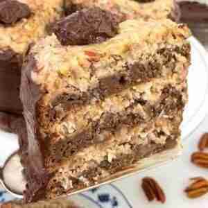 Healthy copycat of Baker's Sweet German Chocolate Cake with monk fruit and avocado.