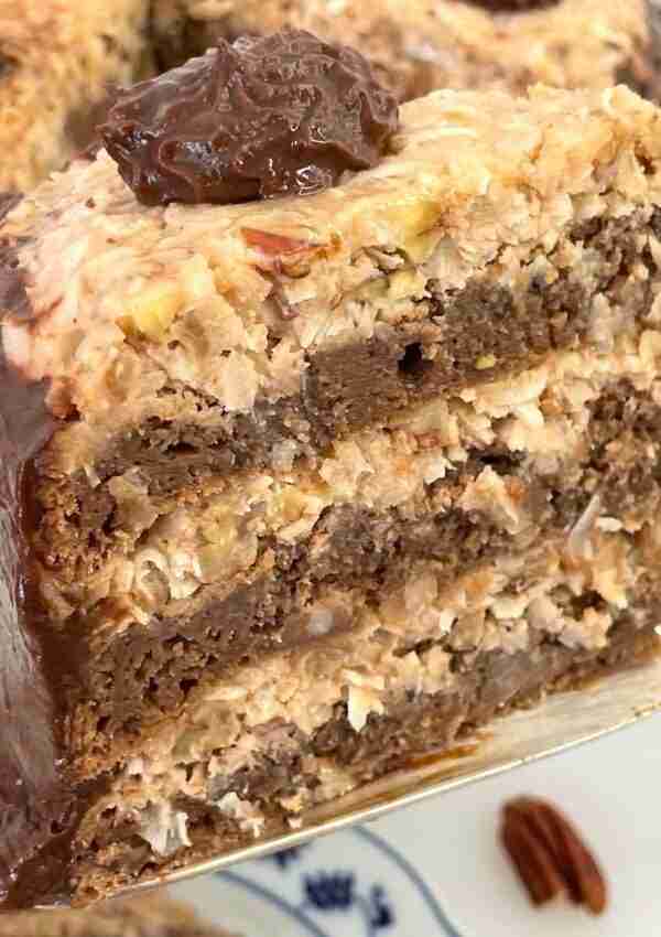 Healthy copycat of Baker's Sweet German Chocolate Cake with monk fruit and avocado.