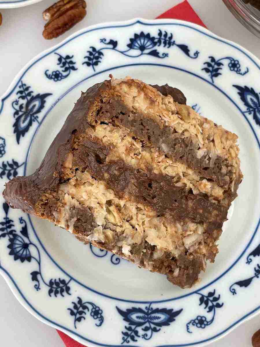 Healthy copycat of Baker's Sweet German Chocolate Cake with monk fruit and avocado.