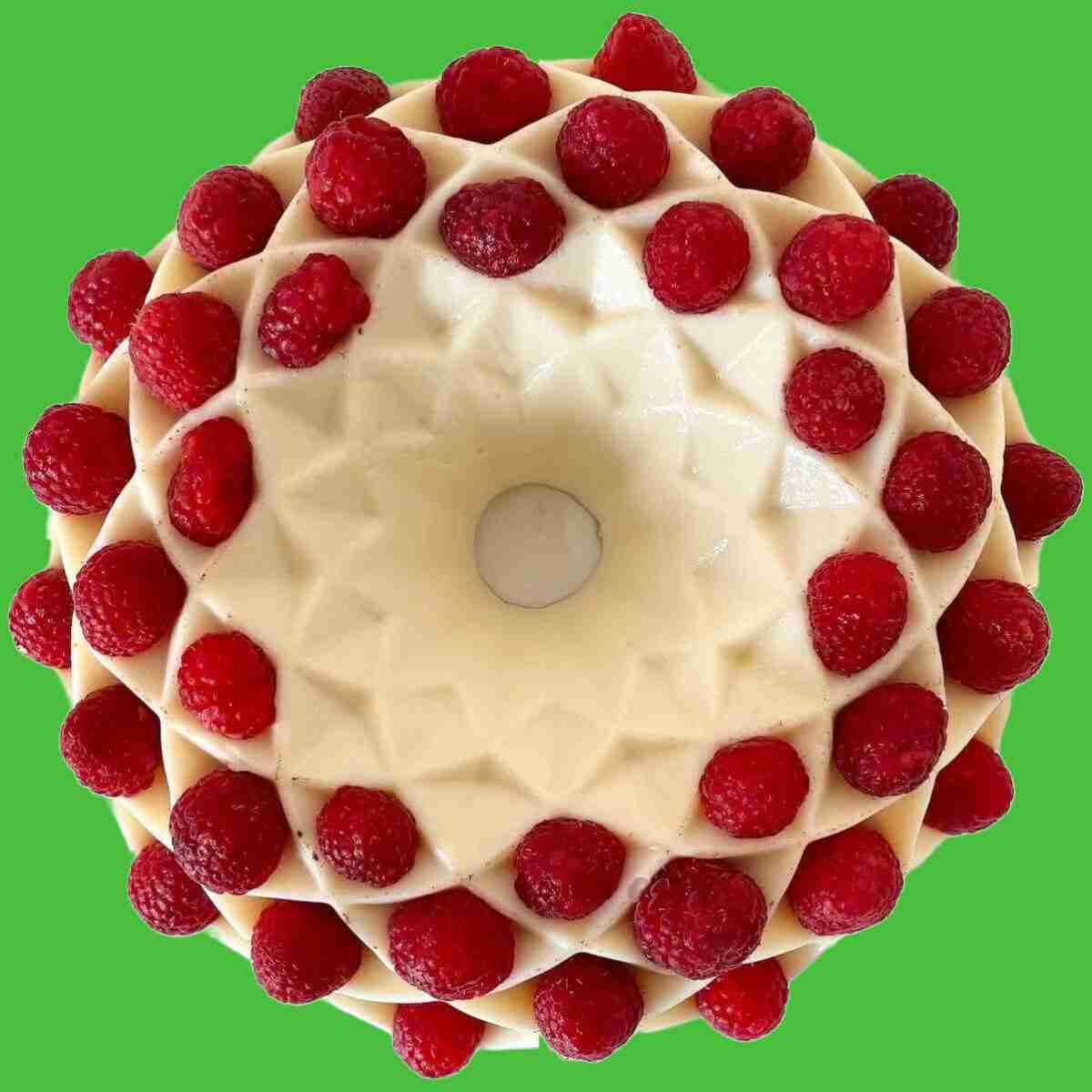 Milk jello made in a bundt cake pan and topped with raspberries.