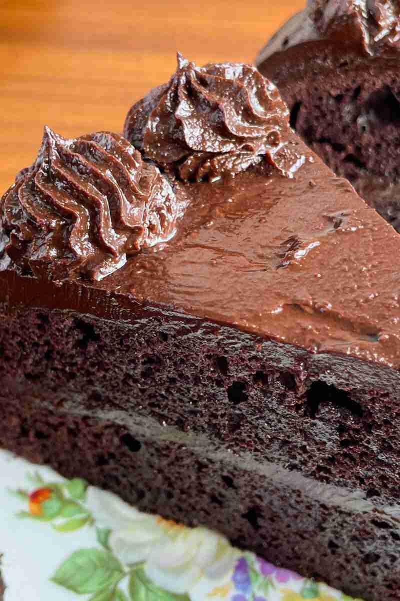 A slice of Vegan Chocolate Cake with chocolate avocado frosting.