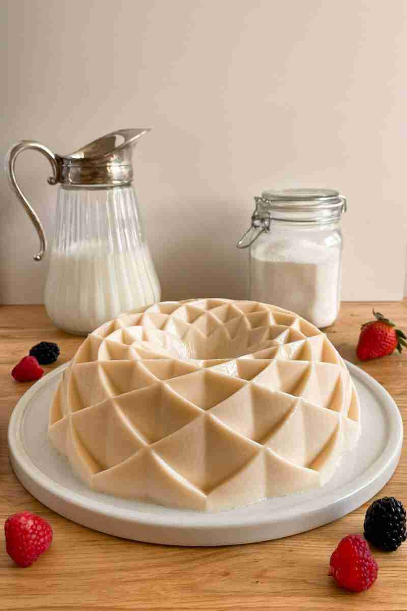 A fresh milk jello cake on the table with a few berries around it.