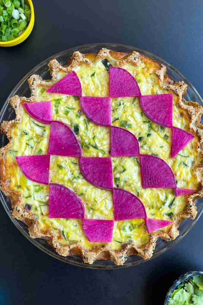 Keto Salmon Teriyaki Quiche in a Black Sesame Pie Crust.