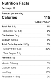 Nutrition for sugar-free, chickpea flour brownies made with Bob's egg replacer.