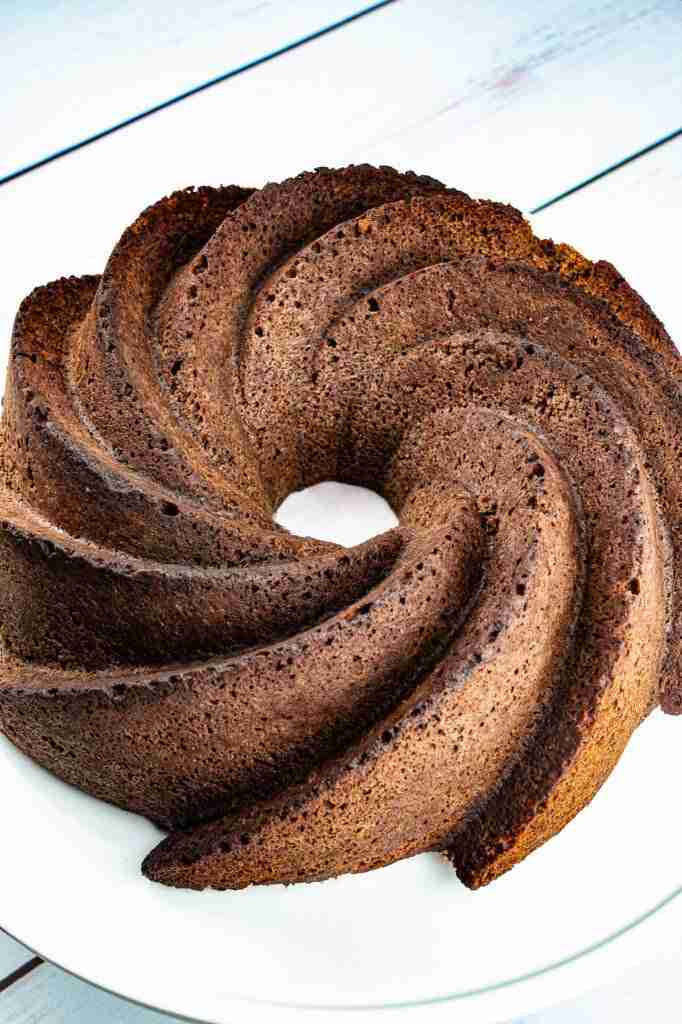 A step in the recipe: Flip the chocolate cherry bundt cake.