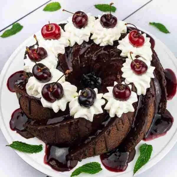 Black Forest Bundt Cake or chocolate cherry bundt cake with almond flour and cherry brandy.