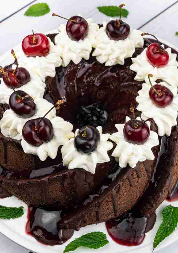 Black Forest Bundt Cake or chocolate cherry bundt cake with almond flour and cherry brandy.