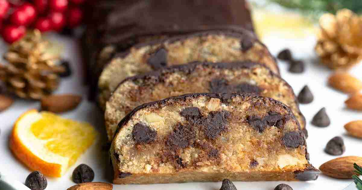 Almond flour chocolate chip stollen or German fruit bread with orange, lemon and dark chocolate chips.