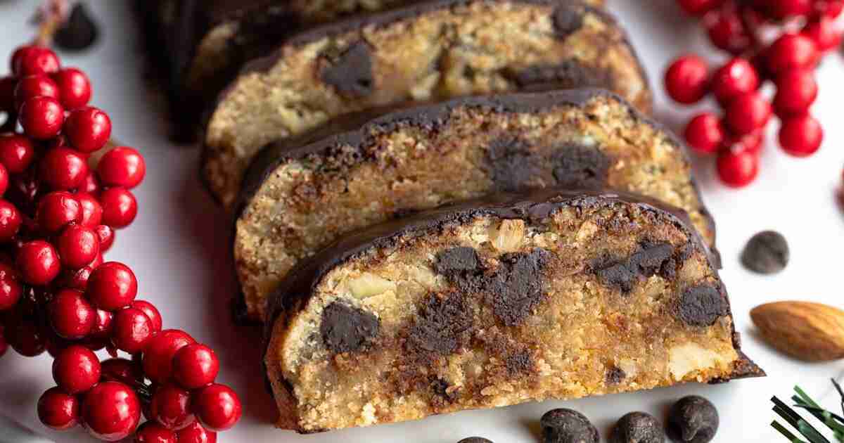 Chocolate chip Stollen or German fruit cake, low carb, made with almond flour.