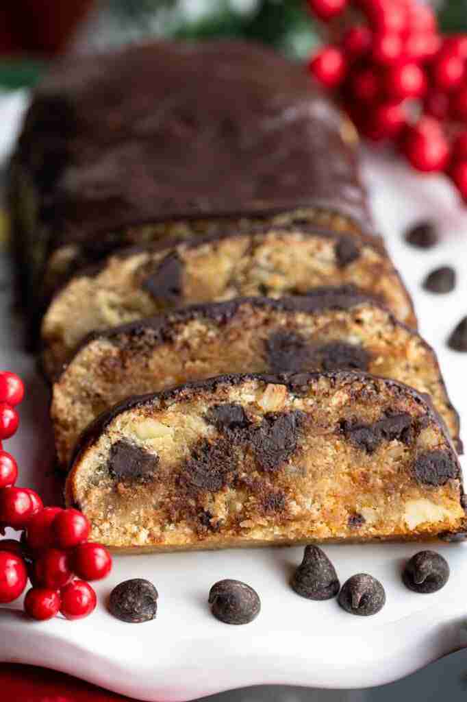 Keto Chocolate Stollen made with almond flour and sugar free chocolate chips.