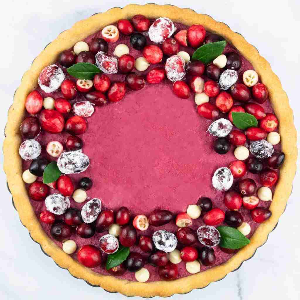 Cranberry Curd Tart with monk fruit and an almond flour pie crust.