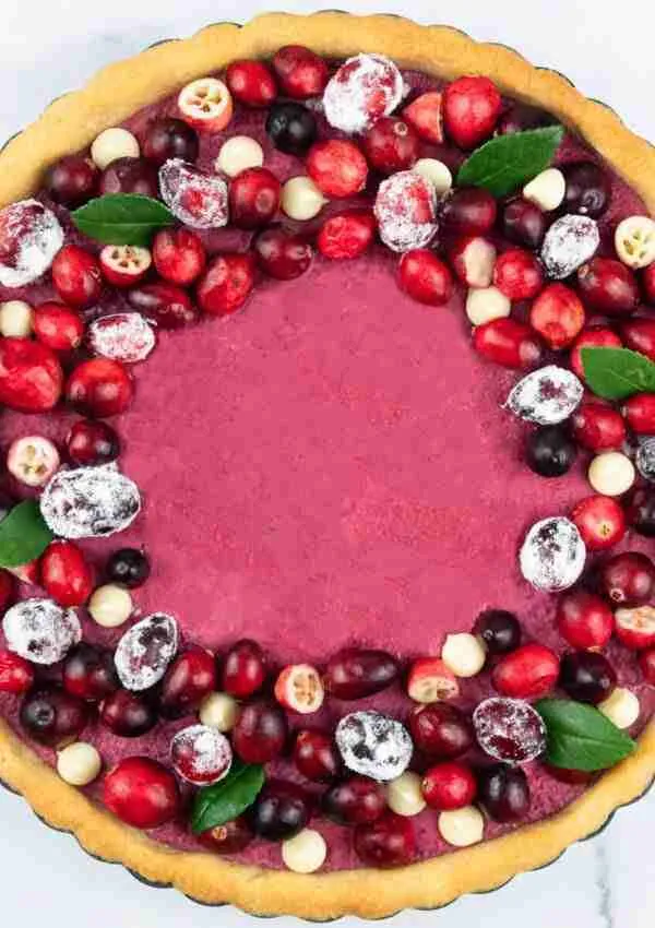 Cranberry Curd Tart with monk fruit and an almond flour pie crust.