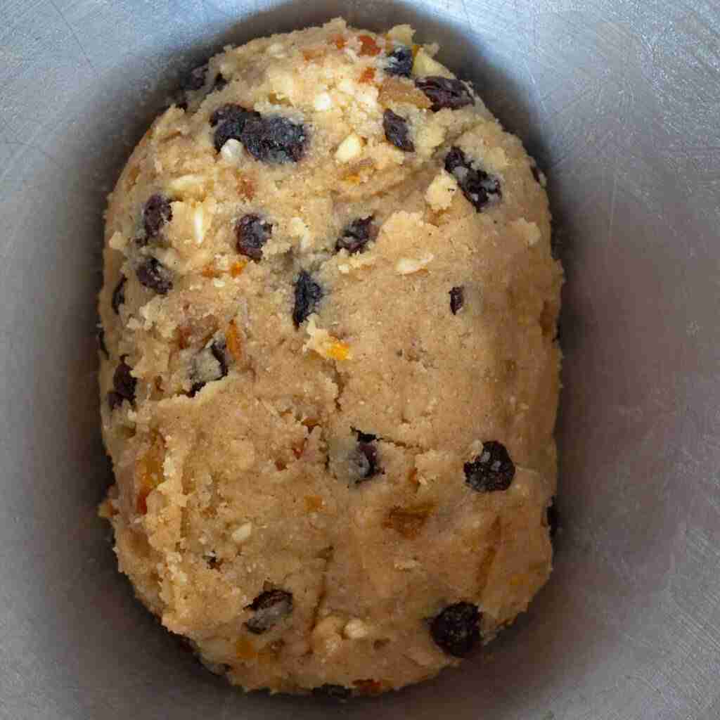 A step in the recipe: The dough for German fruit cake or Christstollen.