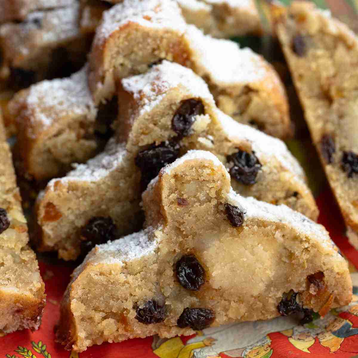 Slices of Mini Stollen: a Keto, Gluten Free, low carb Stollen Recipe filled with homemade keto marzipan.