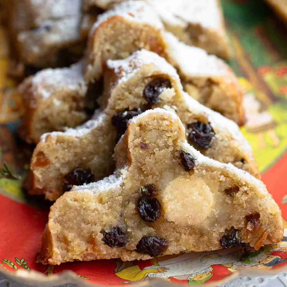 Slices of Mini Stollen with marzipan, a German Christmas Cake (Christstollen).