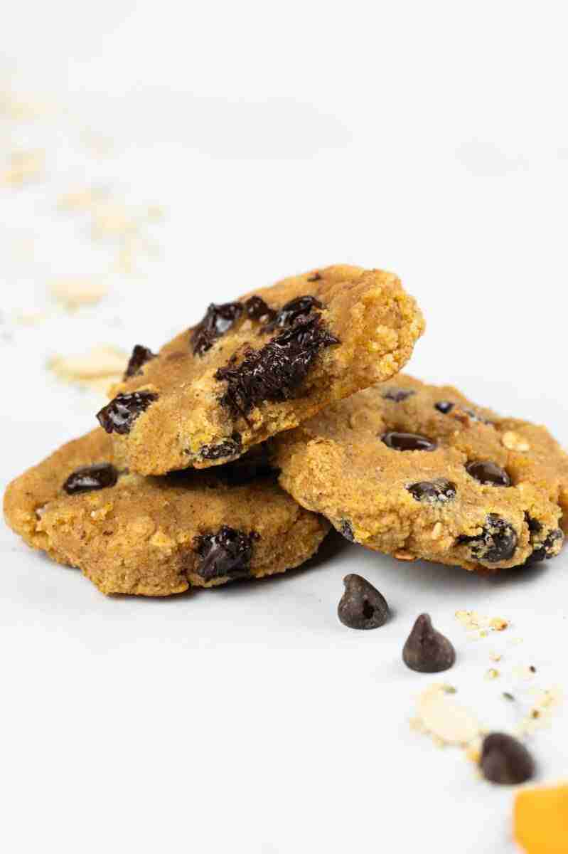 Three low carb almond flour Pumpkin Cookies, or keto pumpkin cookies, made with oats and autumn spices.