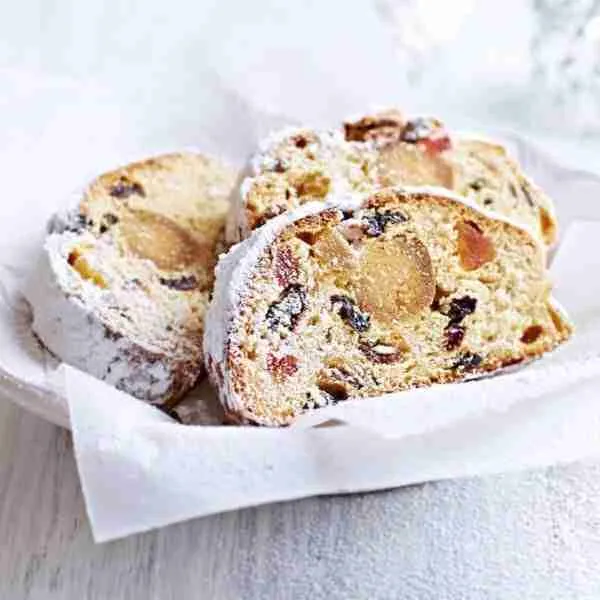 Slices of Stollen with marzipan from this Stollen recipe, a German Christmas bread.