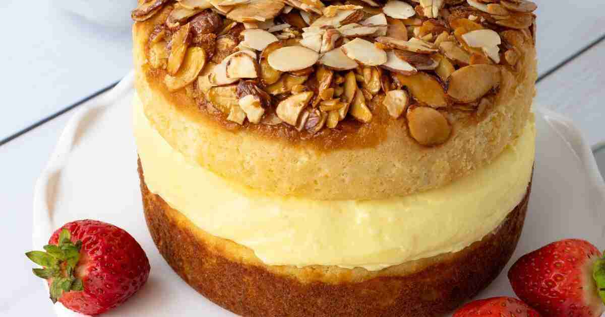 Keto Pudding Cake filled with sugar-free, low-carb vanilla pudding.