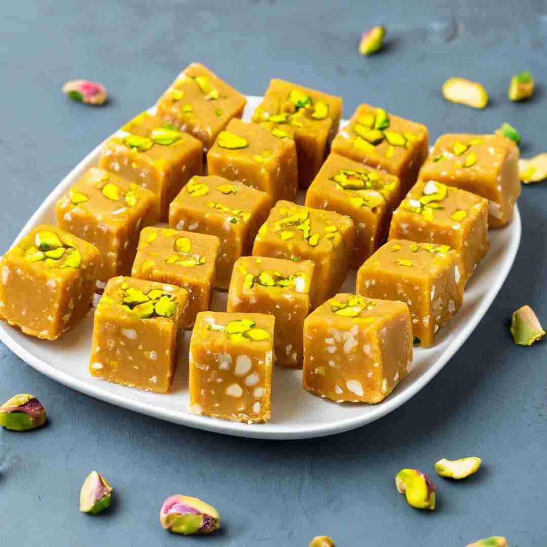 Besan Ki Barfi fudge topped with pistachios, an Indian chickpea dessert.