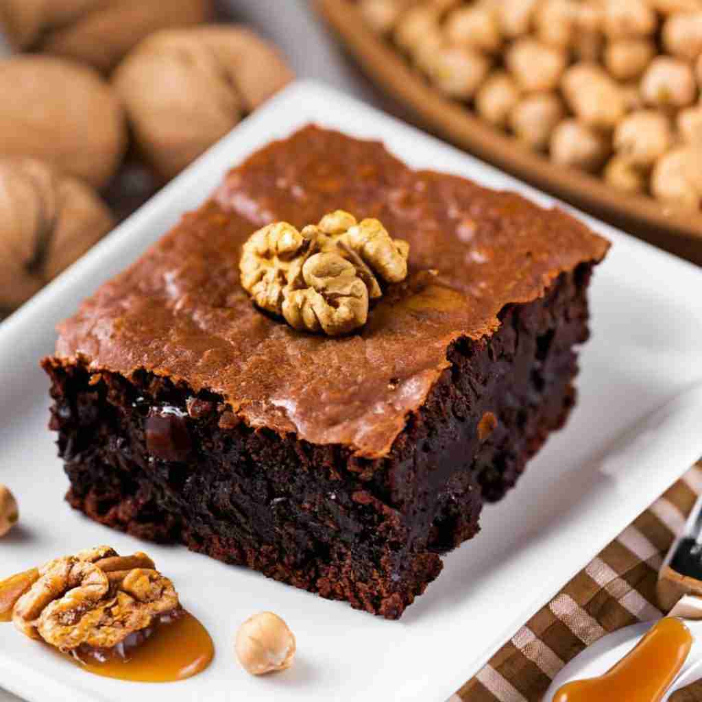 A chocolate chickpea brownie topped with chickpeas.