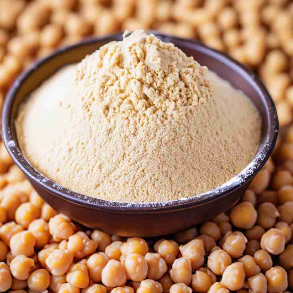 Chickpea flour in a bowl on a bed of chickpeas.