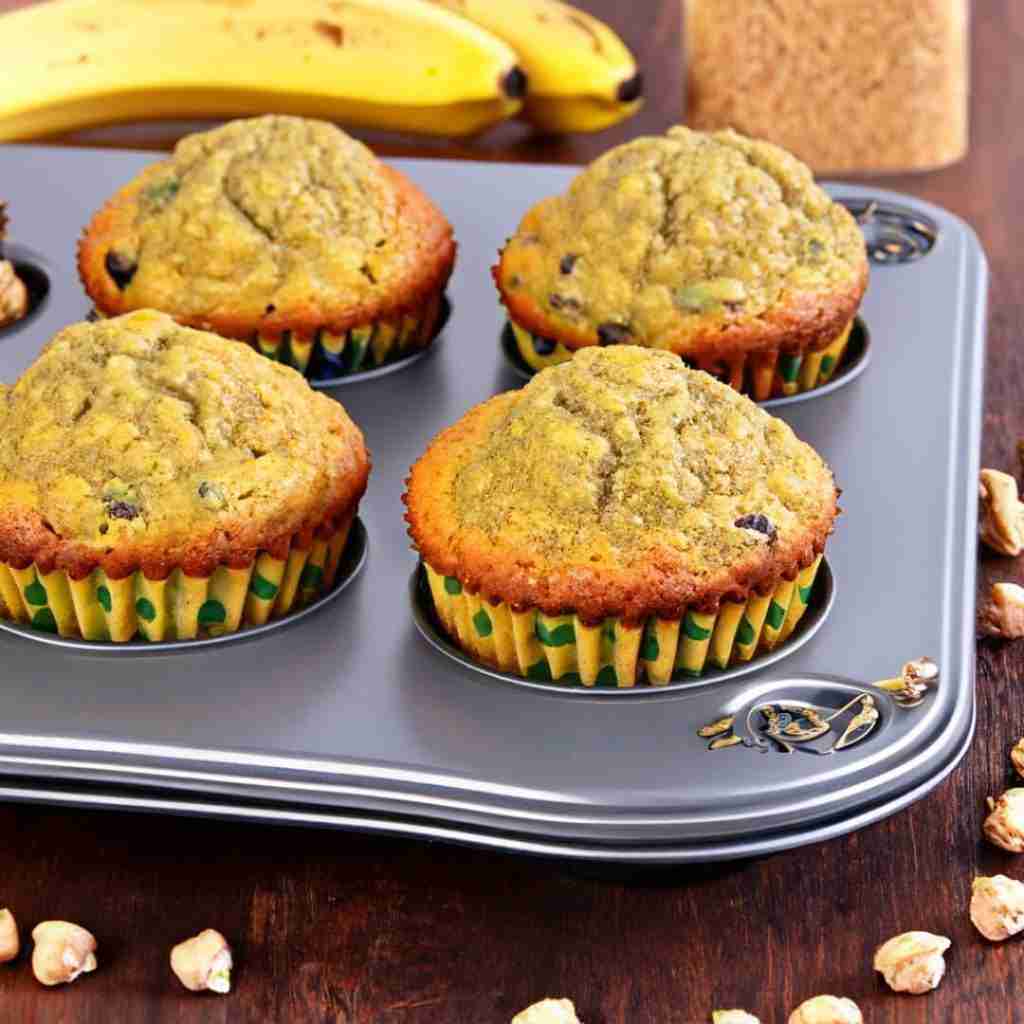 Chickpea flour banana muffins in a muffin tin with a banana in background.