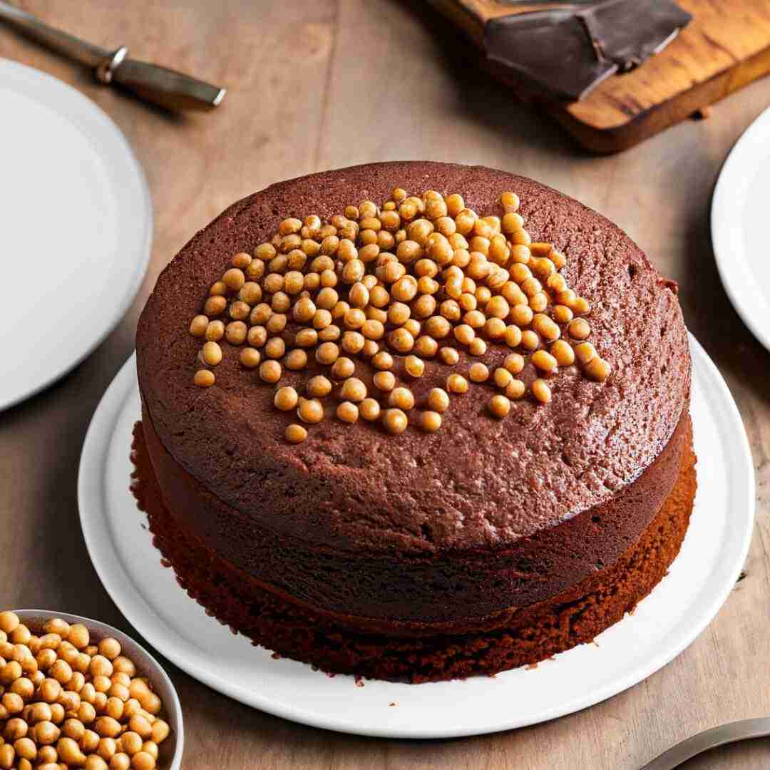 Chickpea flour chocolate cake topped with chickpeas.