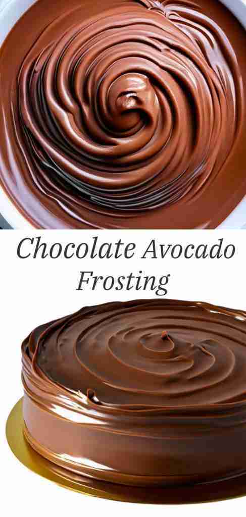 A bowl of chocolate avocado frosting and a frosted cake.