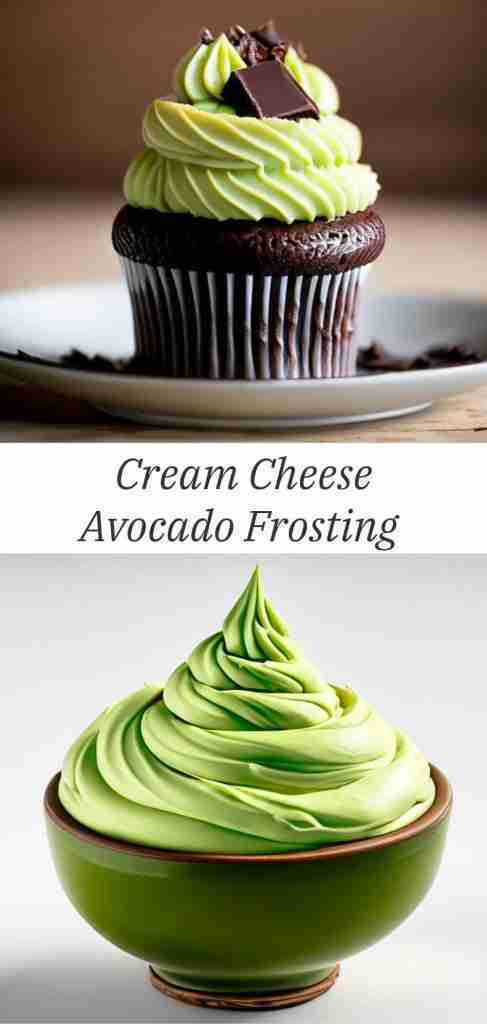 A bowl of plant-based green frosting and a frosted chocolate muffin.