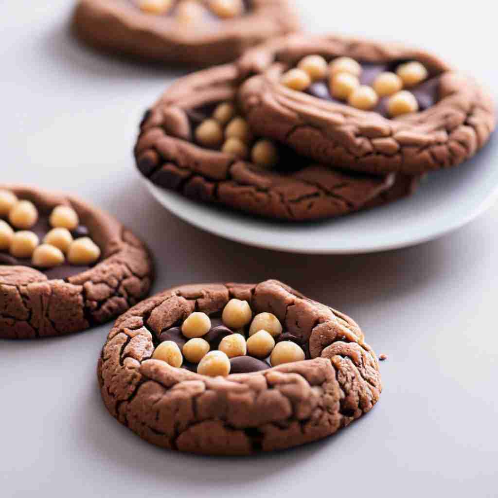 Double chocolate chickpea flour cookies topped with chickpeas and chocolate chips.