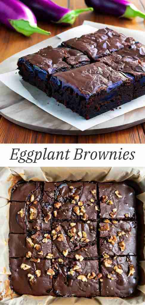 Eggplant Brownies with eggplants in background.