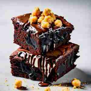 Two flourless chickpea brownies topped with chocolate glaze and chickpeas.