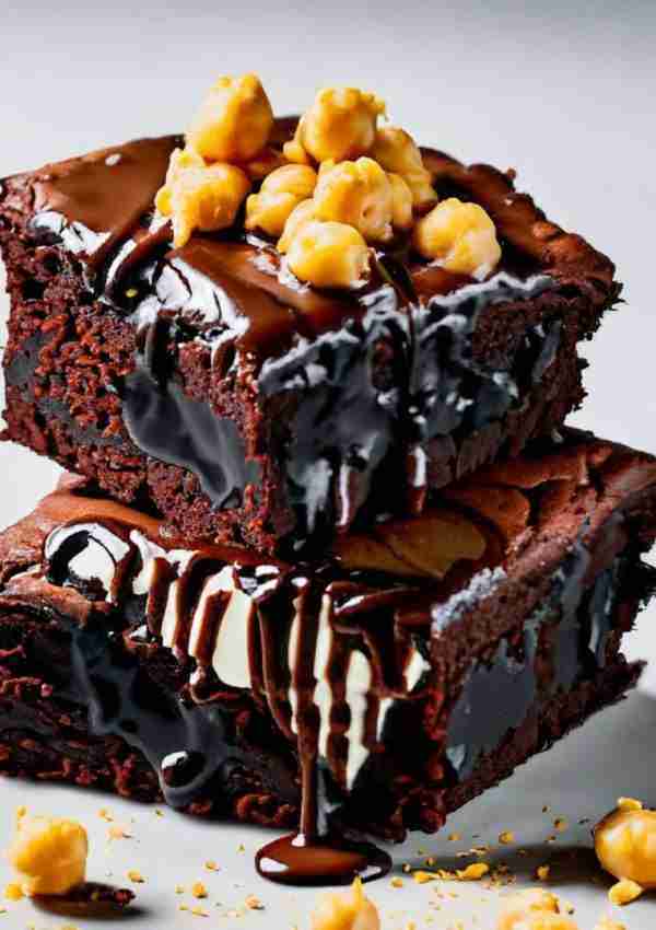 The product of this chickpea brownie recipe: Two flourless chickpea brownies topped with chocolate glaze and chickpeas.