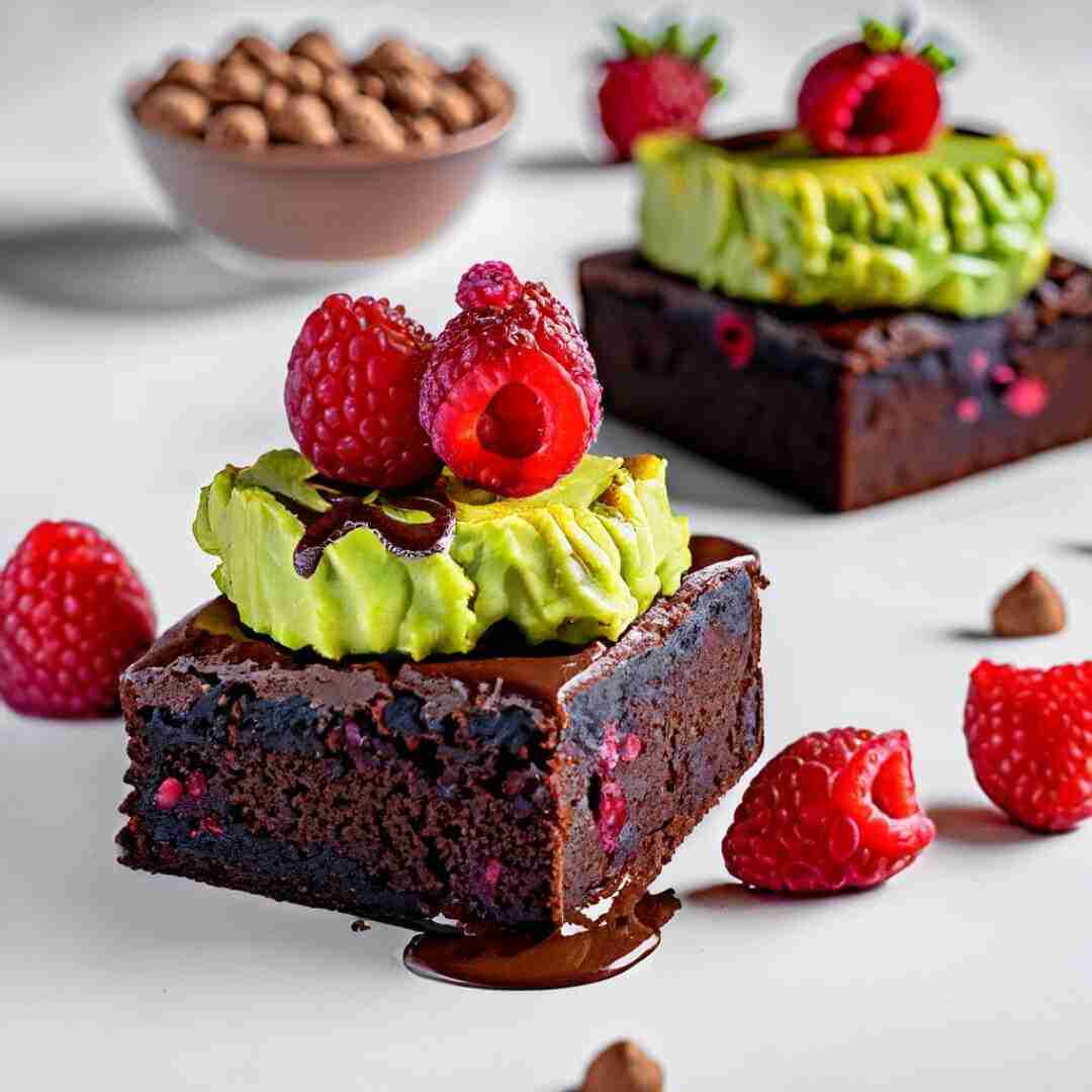 Chickpea flour brownies topped with chocolate, avocado and raspberries.