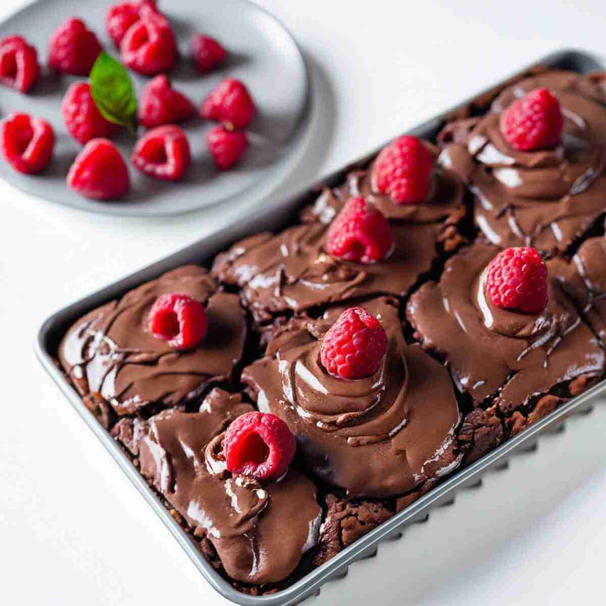 Gluten free chickpea flour brownies in a pan topped with chocolate avocado frosting and raspberries.