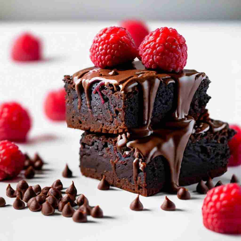 A stack of chickpea avocado brownies topped with chocolate icing, chocolate chips and raspberries.