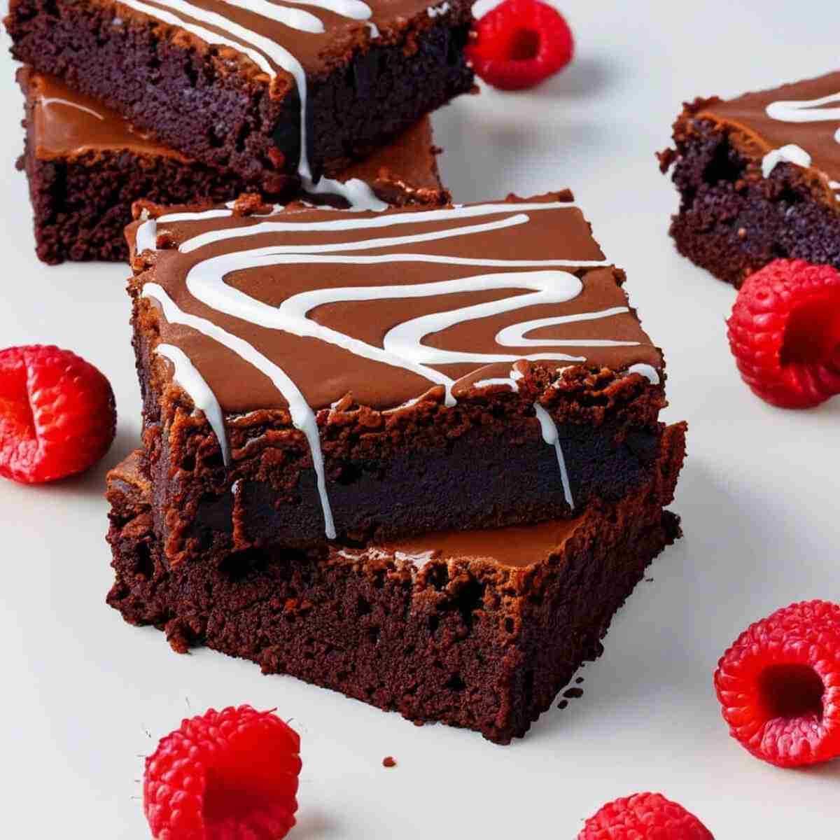 A chickpea flour brownie with chocolate glaze and striped with curved white stripes of frosting.