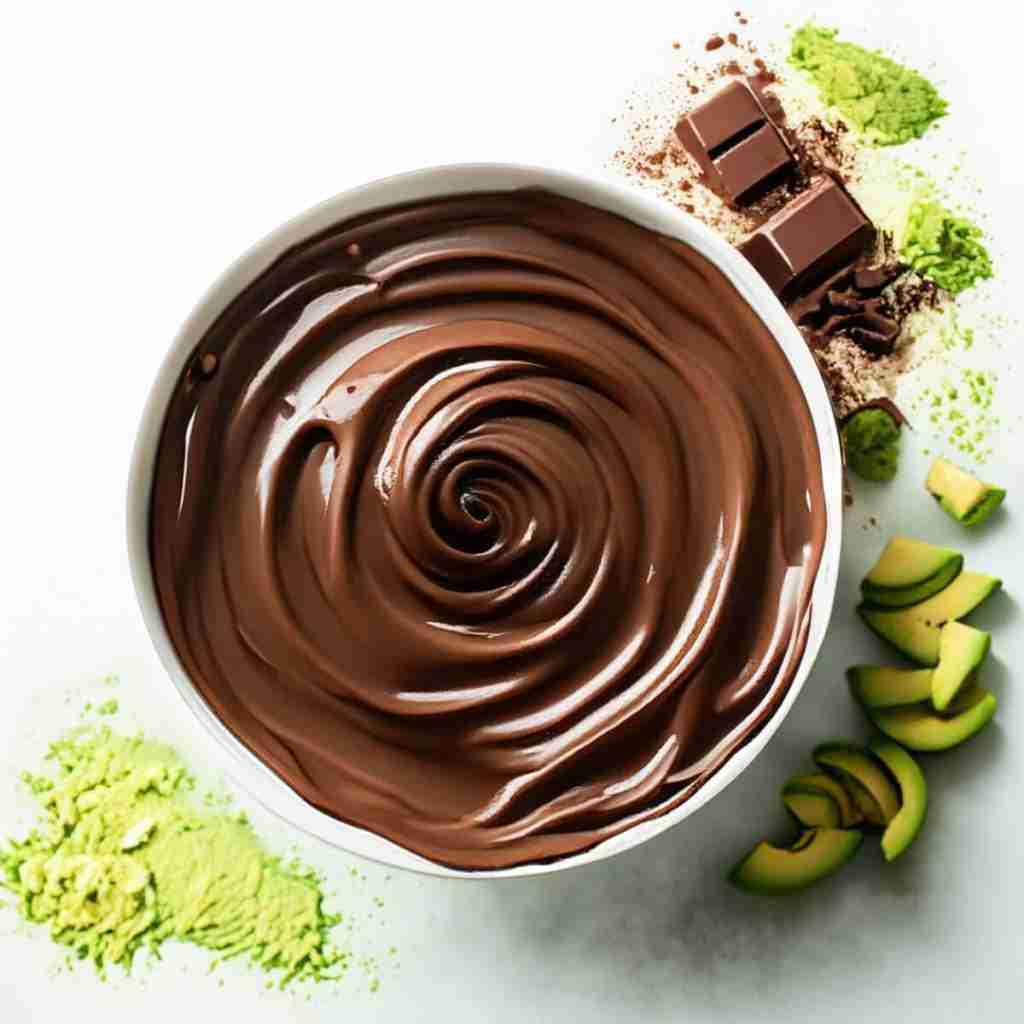 Vegan buttercream chocolate frosting, also called chocolate avocado frosting in a bowl.