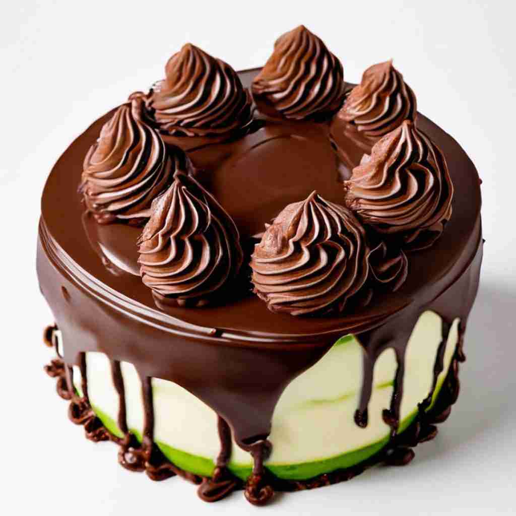 A cake piped with chocolate avocado frosting.