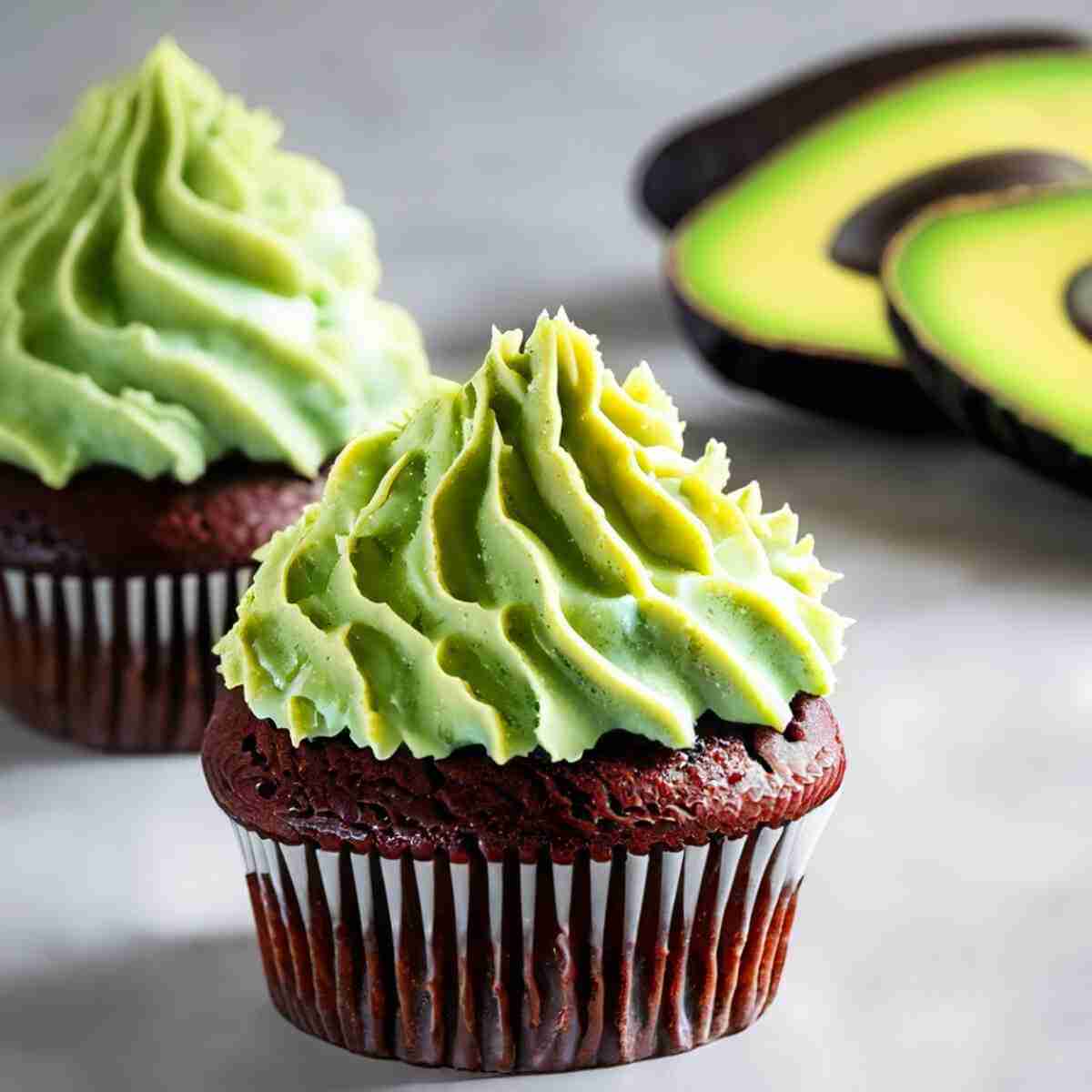 Vanilla cream cheese avocado frosting on a sugar free chocolate cupcake.