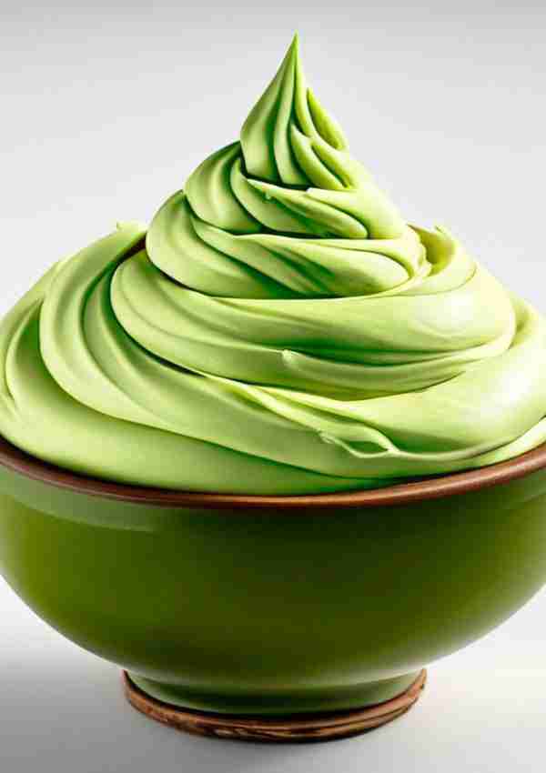 A bowl of healthy cream cheese avocado frosting, also called vanilla avocado frosting.