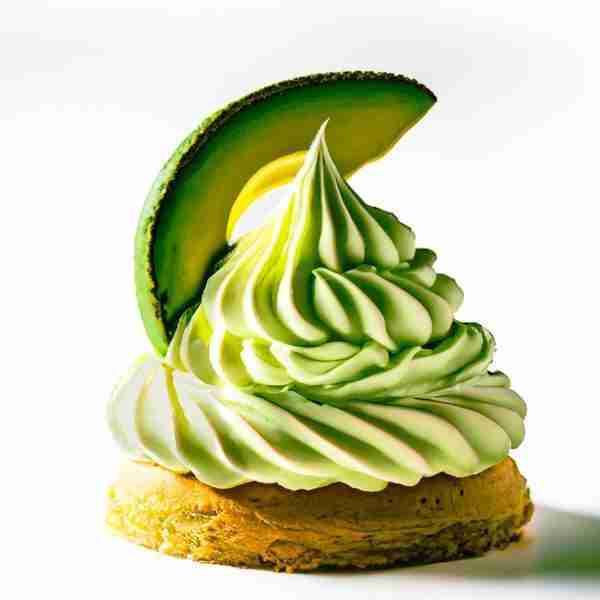 Cream cheese keto avocado dessert frosting and a slice of avocado on top of a pastry.