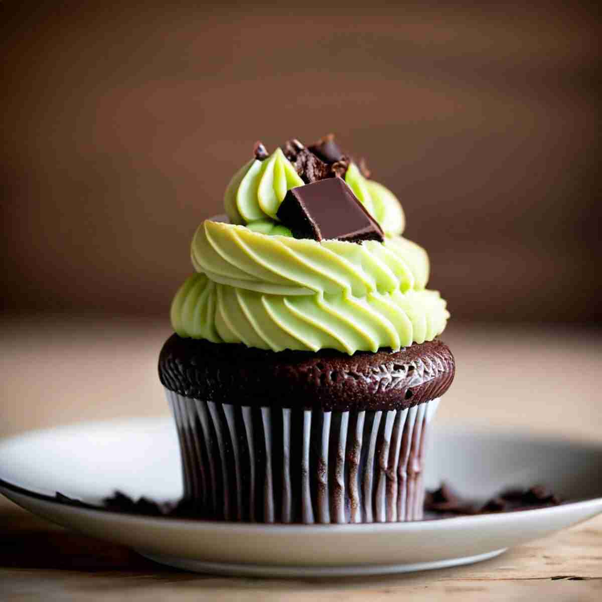 A keto chocolate avocado dessert cupcake topped with keto cream cheese avocado frosting.
